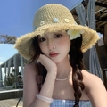 Detail of straw sun hat featuring handcrafted colorful flowers and frayed edges - L (58-60cm) / Small Flower Raw Edge Beige