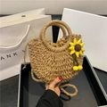 Borsa a tracolla rotonda in paglia intrecciata beige naturale con girasole 3D decorativo - Girasole Cachi