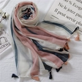 Pink and blue striped cotton linen feel scarf with elegant fringe tassels for women - Pink White & Blue Stripe Design (SL2202-031)