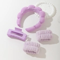 Detailed set of purple sponge headband, absorbent wristbands, and matte hair claw clip - Purple Headband Wristbands And Clip Set