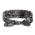 Bohemian yoga headband with grey snake skin print and elegant bow detail on white background - Snake Print