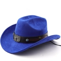 Detail of blue suede cowboy hat with turquoise and metal bull head studded band - Sapphire Blue