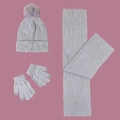 Flat lay of gray knit beanie with pompom, matching scarf and touchscreen gloves set - One Size / Gray