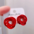 Sparkling red rhinestone spiral earrings with three interlocking rings on a jewelry card - Spiral Structure Red Full Rhinestone