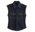 Detail of dark blue denim vest with lapel collar and two buttoned chest pockets - XS / Denim Shirt