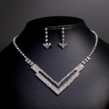 Elegant silver bridal jewelry set with V-shaped rhinestone necklace and drop earrings - TL140/Double-layer Geometric Earring Set