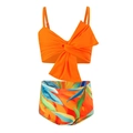 Zweiteiliger Mädchen Meerjungfrau Bikini Set mit orangefarbenem Top und Tropenmuster - 128 / Orange Tropischer Druck
