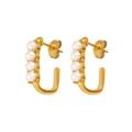 Elegant gold U-shaped stainless steel earrings with four white pearls on white background - Gold