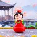 Ancient style doll ornament in red and green Hanfu with a traditional silk fan - Tang Dynasty Maiden with Fan Small