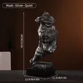 Artistic silver face sculpture Thinking Man statue with vintage texture and black base - Speak No Evil / Worn Silver
