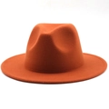 Close-up of orange-red wide brim wool fedora hat with detailed reinforced stitching - M (56-58cm) / Caramel