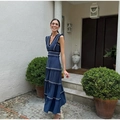 Bohemian dark blue V-neck sleeveless maxi dress with white lace and tiered cake skirt - S / Blue