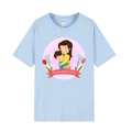 T-shirt bleu clair fête des mères avec imprimé d'une mère et son enfant - XS / Dessin Animé Maman et Enfant / Rose bonbon