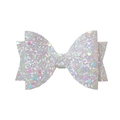 Detailansicht einer 9cm weißen Glitzerschleife mit bunten Pailletten für Haar-Accessoires - Weiß