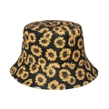 Classic black bucket hat with vibrant yellow sunflower pattern and wide sun protection brim - 58cm / Black Sunflower