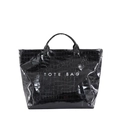 Black crocodile embossed tote bag in glossy patent leather with white text design - Black