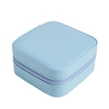 Light blue faux leather square jewelry box with secure zipper closure and mirror - Blue