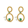 Gold rope twist earrings set with green marble stones in 18k gold plating - Twisted Rope Double Round Green Stone Earrings