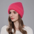 Winter rose red rabbit fur knitted beanie with silver thread for warm thermal style - Rose Red