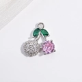 Detail of silver cherry pendant with pink crystal and green marquise leaf stones - VD1659 White Gold Color Zircon Cherry