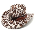 Detail of western cowboy hat with leopard faux fur texture and silver bull head emblem - M (56-58cm) / Straight Top / Beige