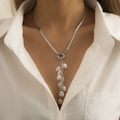 Baroque style necklace with silver flat snake chain and imitation pearl tassels - Silver