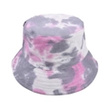 Dettaglio del cappello alla pescatora tie-dye rosa e grigio in tela di cotone premium - Cappello a secchiello tie-dye rosa grigio bianco