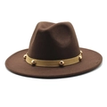 Detail of dark brown fedora hat featuring a beige band with gold metal studs and wide brim - M(56-58cm) / Dark Coffee