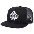 Adjustable black trucker hat with white 1ONE embroidery and breathable mesh back - Black / Adjustable