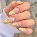Long almond press-on nails with yellow gradient, white daisies and pink polka dots - Daisy Pink Polka Dot Style (JP1691)