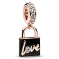 Ciondolo a lucchetto oro rosa con smalto nero, zirconi e incisione love - Stile Lucchetto Cuore Love Oro Rosa (035)