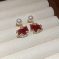Detail of red rocking horse earring with gold trim, crystals and white pearl stud - 19# Silver Pin-Gold-Red-Red Flocked Rhinestone Pearl Rocking Horse