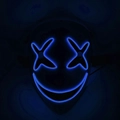 Detail showing blue LED EL wire X-shaped glowing eyes and smiling mouth on black mask - X-Eyes Style (Blue Light)