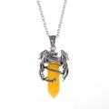 Silver dragon pendant wrapped around a yellow crystal hexagonal pillar necklace - Yellow Stone