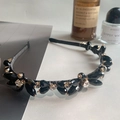 Luxurious black beaded headband featuring gold accents and vintage crystal detailing - Black Flower Crystal
