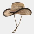Detailaufnahme von Cowboy Strohhut mit kristallbesetztem Band und verstellbarer Kordel - Khaki mit schwarzem Rand