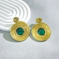 Golden round spiral earrings featuring a green multifaceted gemstone in center - Green Rhinestone Spiral Style (G-582) / Gold