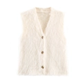 Gilet chic in maglia a pelo lungo bianco crema con scollo a V e tre bottoni - S / Bianco latte