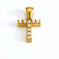 Golden stainless steel cross pendant necklace featuring inlaid white pearls for women - Letter T