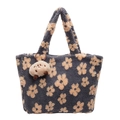 Borsa a spalla in peluche grigio scuro con motivi floreali e ciondolo carino - Fiori Cachi su Base Grigia