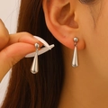 Close-up of silver teardrop earrings worn by model showing minimalist polished metal design - Silver Tone Minimalist Waterdrop Earrings (10777)