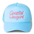 Sky blue trucker hat featuring pink Coastal Cowgirl embroidery and breathable mesh back - Sky Blue