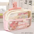 Pink multi-layer transparent mesh stationery bag with large storage for students - Pink
