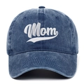 Close-up of blue washed cotton baseball cap featuring high-quality white Mom embroidery - Navy Blue (Mom)