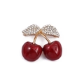Detailed close-up of red cherry brooch with gold leaves and inlaid crystals - Style 5 (Red/Gold/Rhinestone)