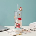 Detail of Christmas double-layer plastic straw cup with Santa doll lid and holiday patterns - Style 4 (Glitter Transparent/Skiing Santa)
