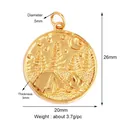 Golden round pendant with embossed outdoor camping motif, tent, pine trees and stars - K665190