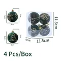 Flocked dark green Christmas balls with gold glitter snowflake design, 4 pieces box set - 4 Pcs/Box / Dark Green