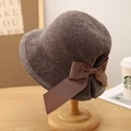 Women's Japanese-style knitted bucket hat with ribbon bow on a wooden stand - M (56-58cm) / Gray