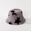 Detail of grey faux rabbit fur bucket hat with black star patterns and soft texture - M / Gray